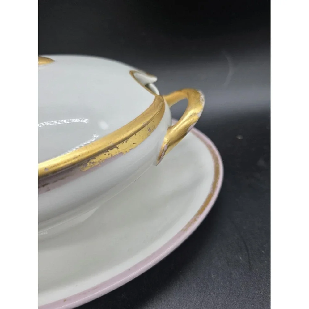Antique UC Limoges Lidded Sauce Gravy Boat W Attached Underplate 9